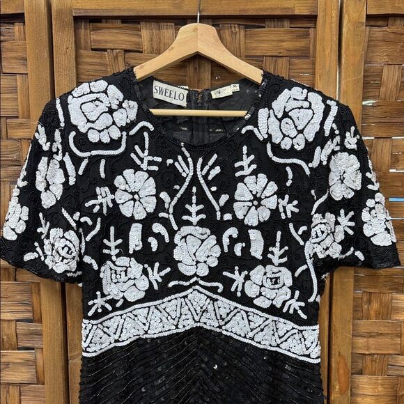 Vintage Swee Lo Women's Art Deco Evening Dress Sz 12 14 Small Black White Sequin - Picture 3 of 7